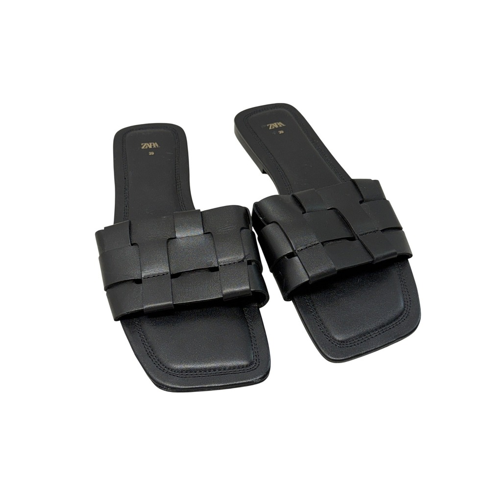 Zara Woven Flat Sandals Black Square Toe Slide Shoes 39 US 9